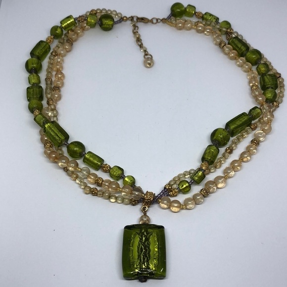 𝅺Vintage multi strand beaded art glass necklace pendant statement look. - Picture 2 of 5